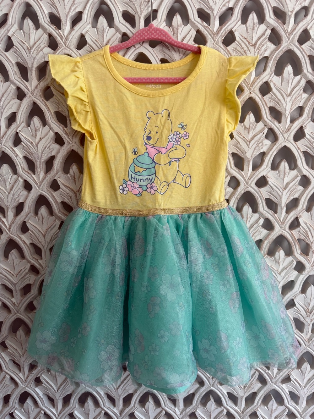 Disney Winnie the Pooh Girls Dress Size 5 Tulle Floral Flutter Sleeve